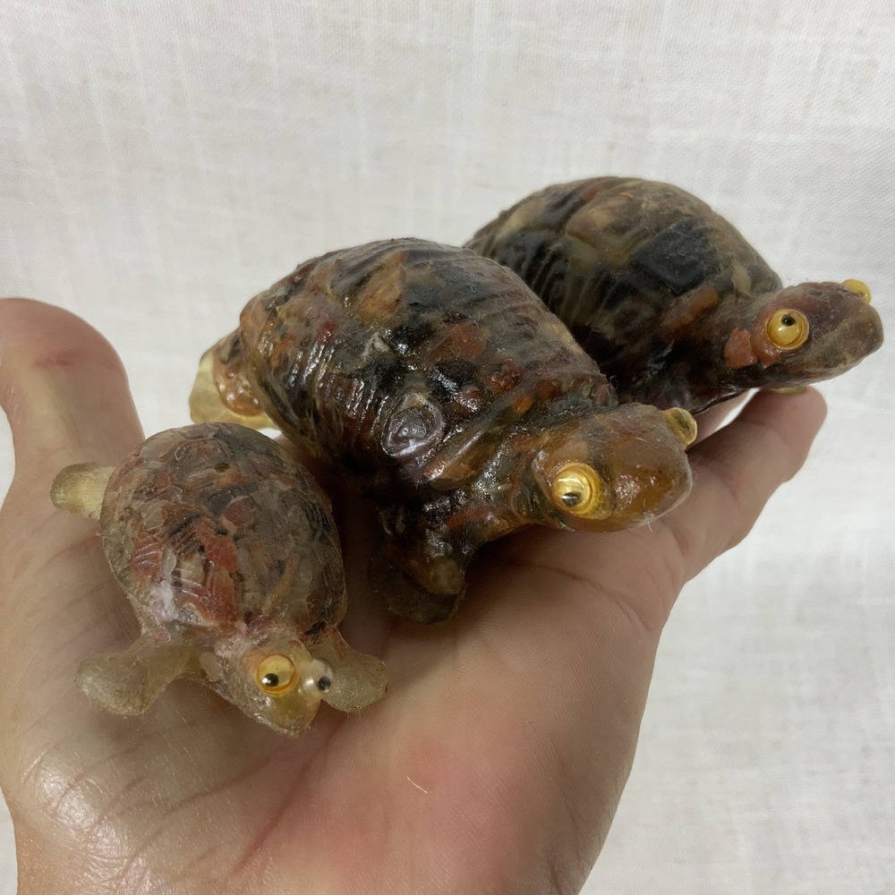 Vintage Kitsch Set 3 Turtles Lucite Vomit Rocks Retro Funky Googly Eyes